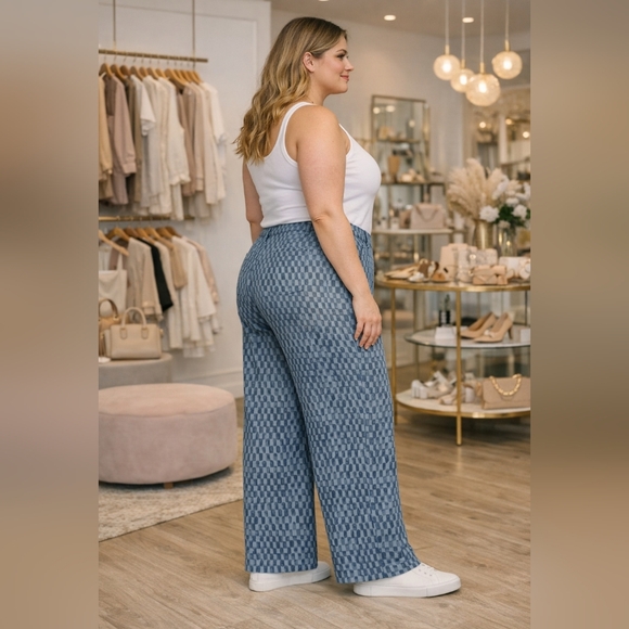 Future Collective Women’s Pants Size 20 Blue Checkered 100% Cotton Wide Leg High - Picture 4 of 9